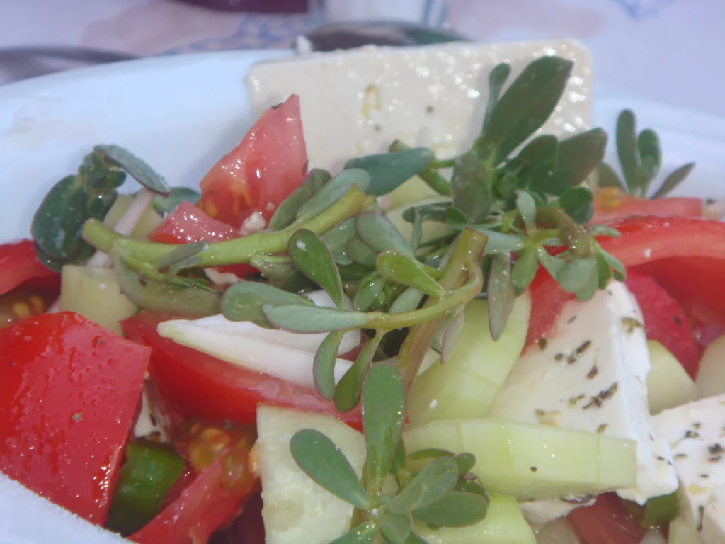 Χωριάτικη σαλάτα από κοντά, με ντομάτα, αγγούρι, φέτα και φρέσκια γλιστρίδα από πάνω