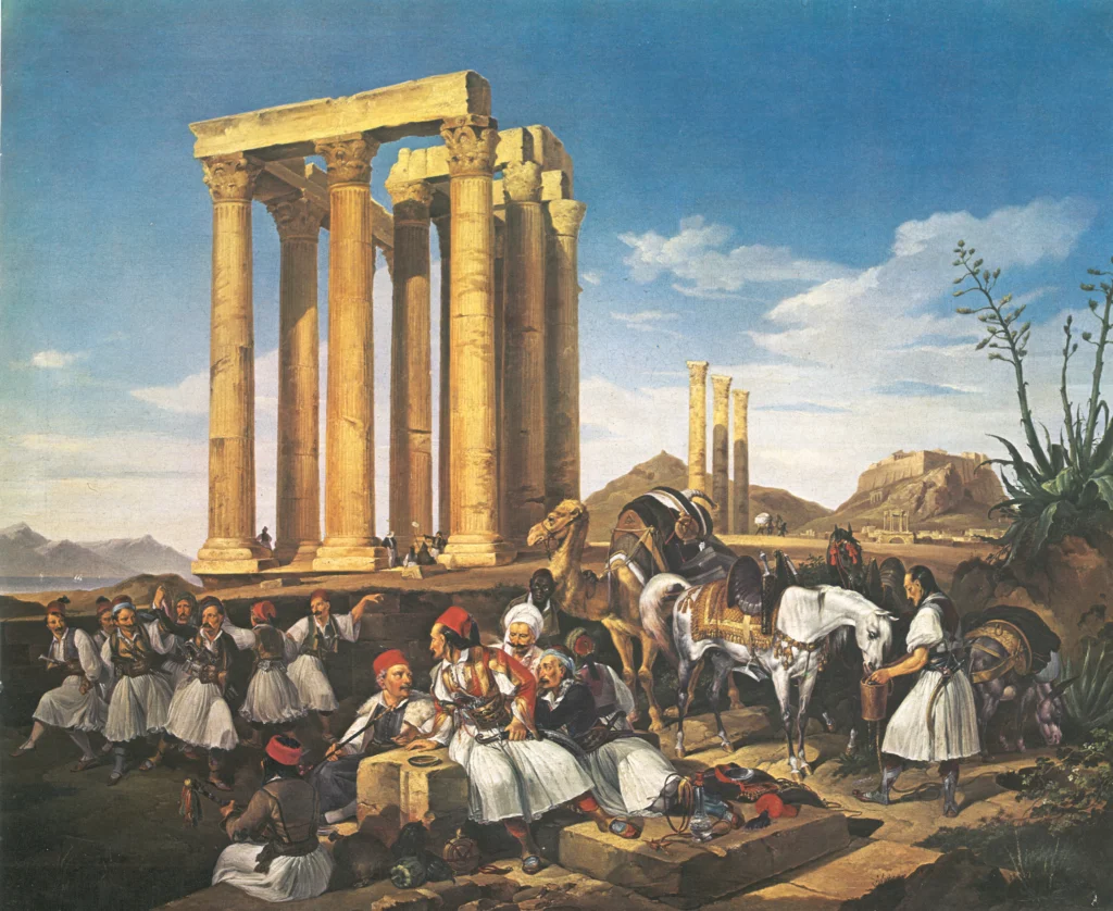 Πίνακας του 1834 με Αθηναίους σε φουστανέλες να γιορτάζουν τα Κούλουμα κάτω από τις στήλες του Ολυμπίου Διός