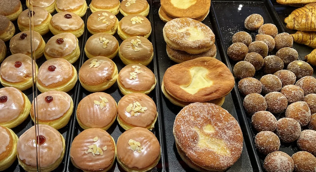 Βιτρίνα φούρνου στο Μόναχο με krapfen: γεμιστά με γλάσο και μικρές ζαχαρωμένες μπάλες ζύμης