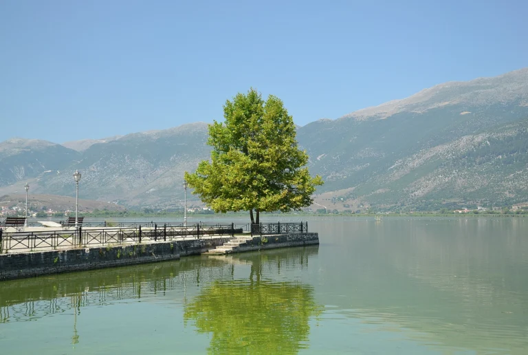 Η λίμνη Παμβώτιδα στα Γιάννενα, με προβλήτα, δέντρο και βουνά στο βάθος