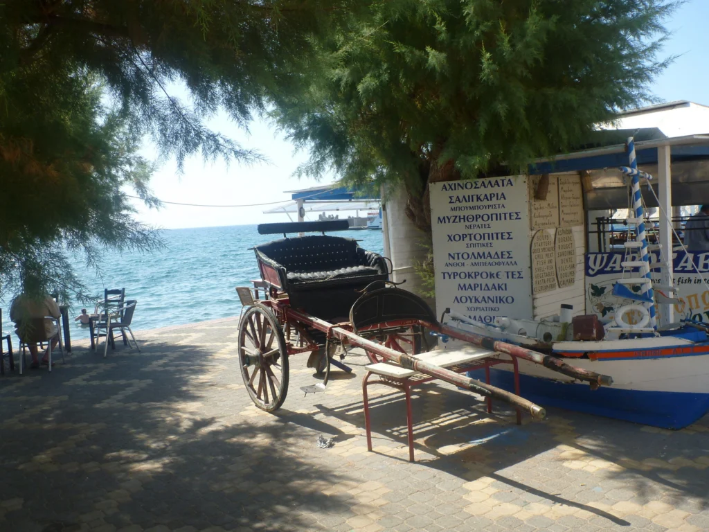 Λευκός πίνακας με πιάτα ταβέρνας στα ελληνικά και ξύλινες πινακίδες στα ελληνικά και αγγλικά, δίπλα σε δέντρο