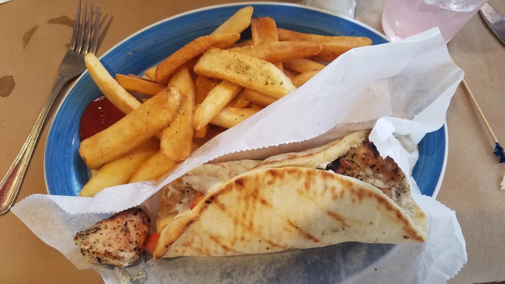 Πίτα σουβλάκι κοτόπουλο με τζατζίκι και πατάτες τηγανητές σε μπλε πιάτο, οριζόντια λήψη 16:9