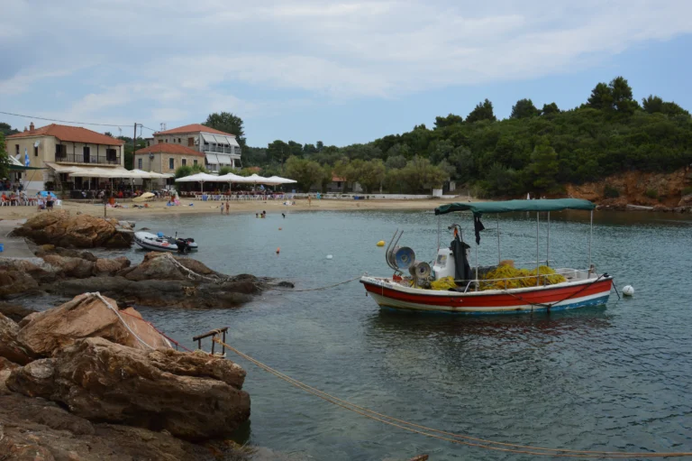 Μικρό ελληνικό ψαροκάικο με κίτρινα δίχτυα δεμένο σε ήσυχο κόλπο, με παραλία και σπίτια στο βάθος