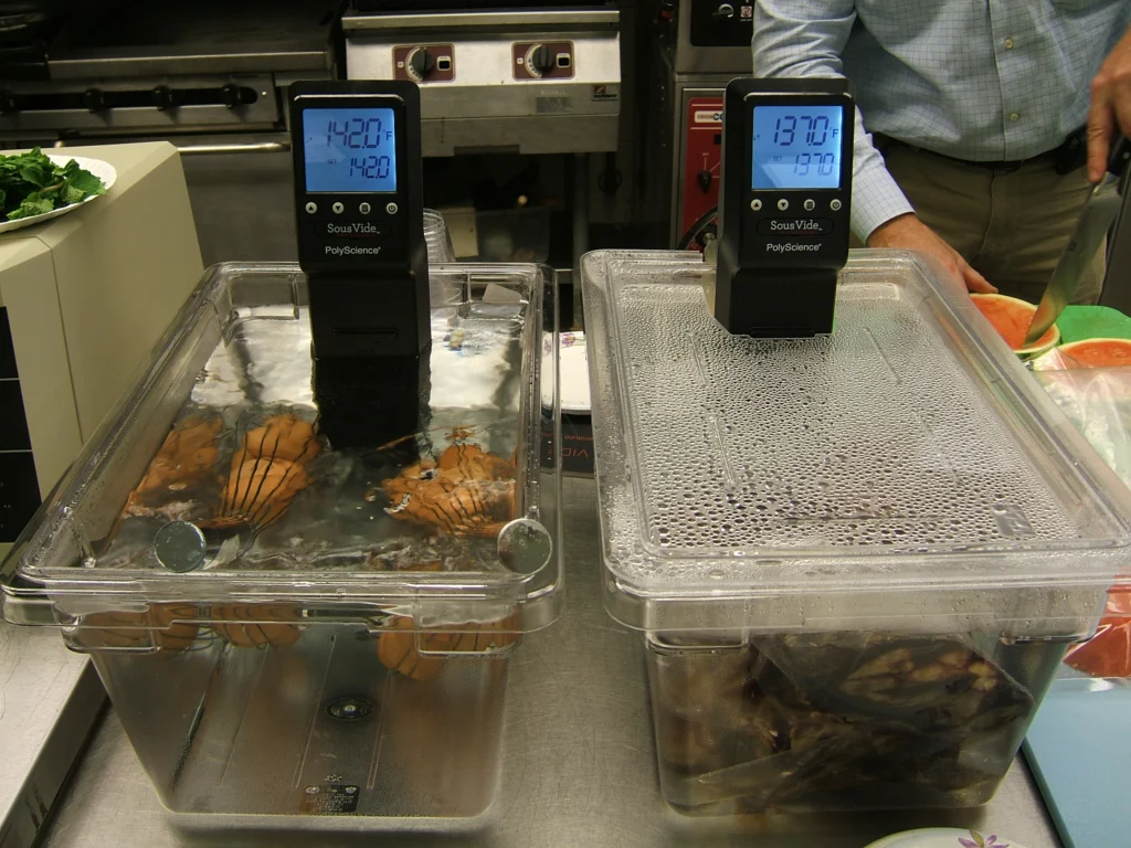 Δύο συσκευές sous vide μαγειρεύουν τρόφιμα σε διάφανα δοχεία με νερό σε επαγγελματική κουζίνα
