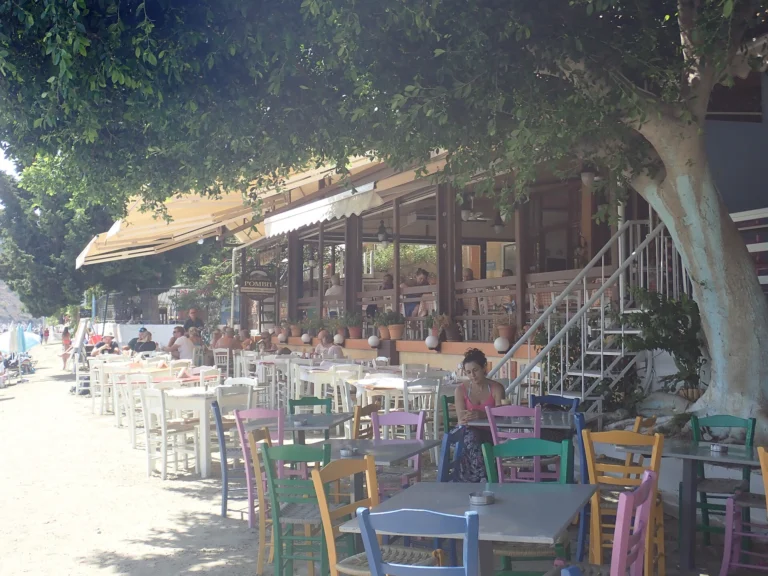 Τραπέζια και καρέκλες ταβέρνας κάτω από δέντρο δίπλα στη θάλασσα στον Τόλο της Πελοποννήσου