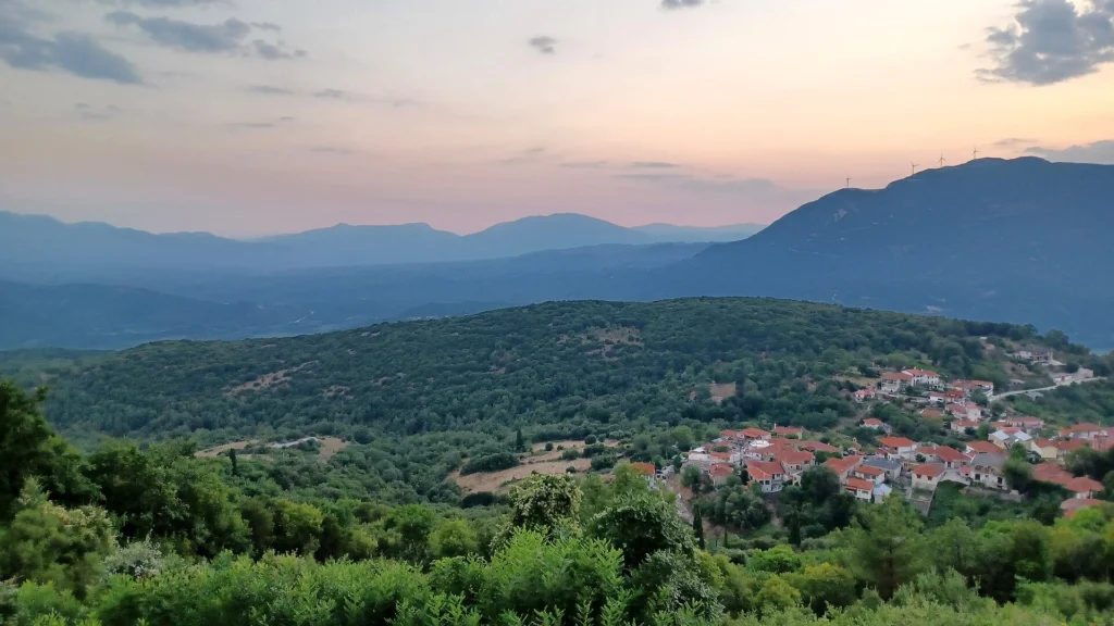 Άποψη της Ζίτσας με κεραμοσκεπές σπίτια, δασωμένους λόφους και βουνά στο βάθος